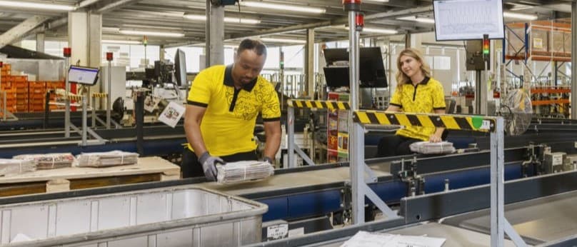 Workers sorting and processing packages in a logistics facility.